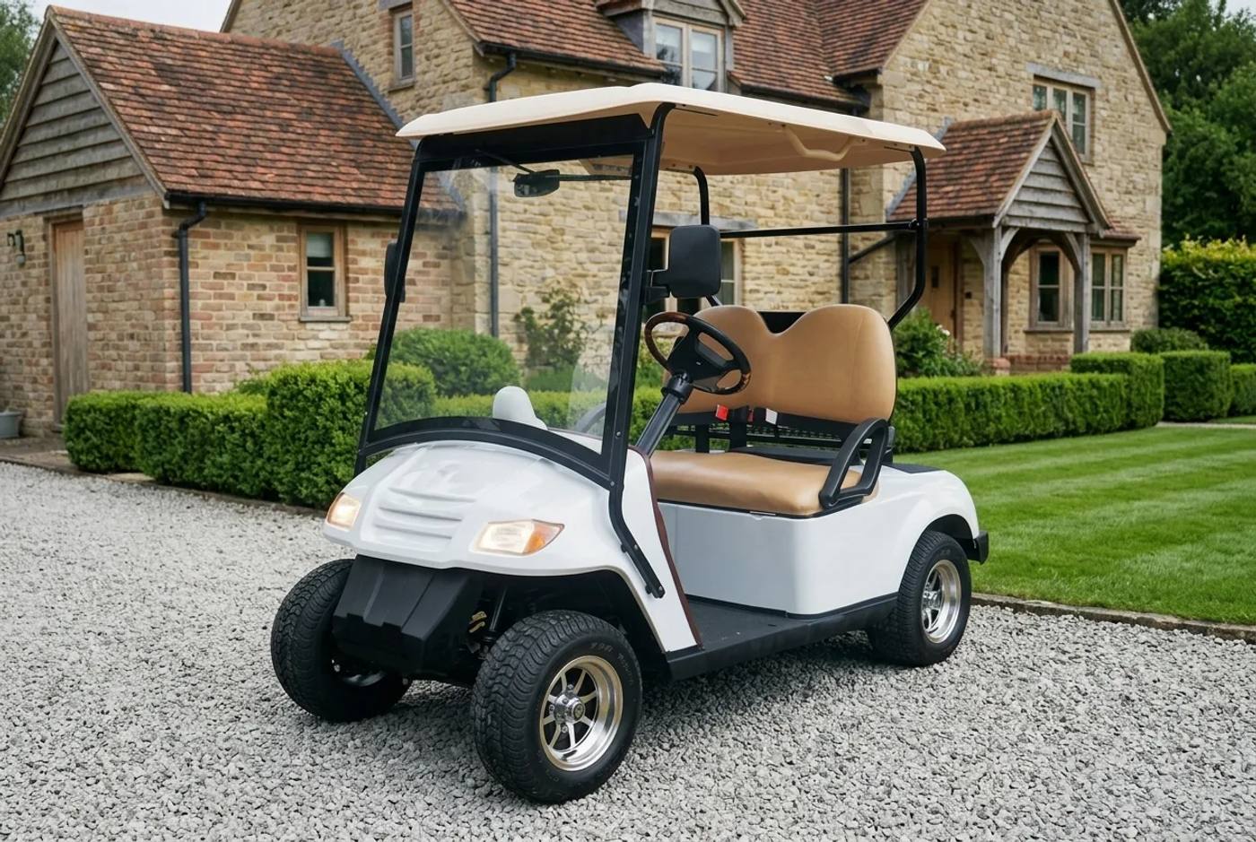 Two passenger electric golf cart with tan seats parked on a country house gravel driveway
