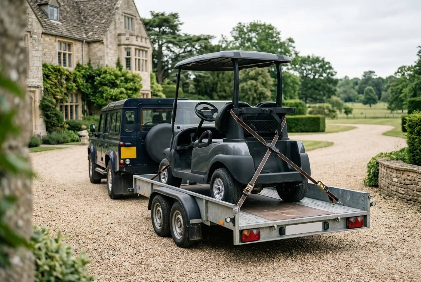 Electric golf buggy secured on a flatbed trailer ready to be towed on a UK estate driveway