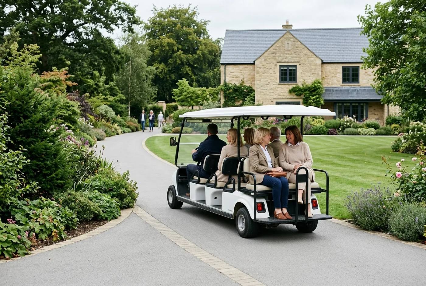 Electric passenger buggy carrying guests along a clean landscaped path at a visitor attraction in soft daylight