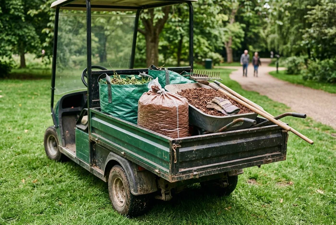 Electric utility buggy with a loaded cargo bed of tools and bagged garden waste during grounds maintenance in a public park