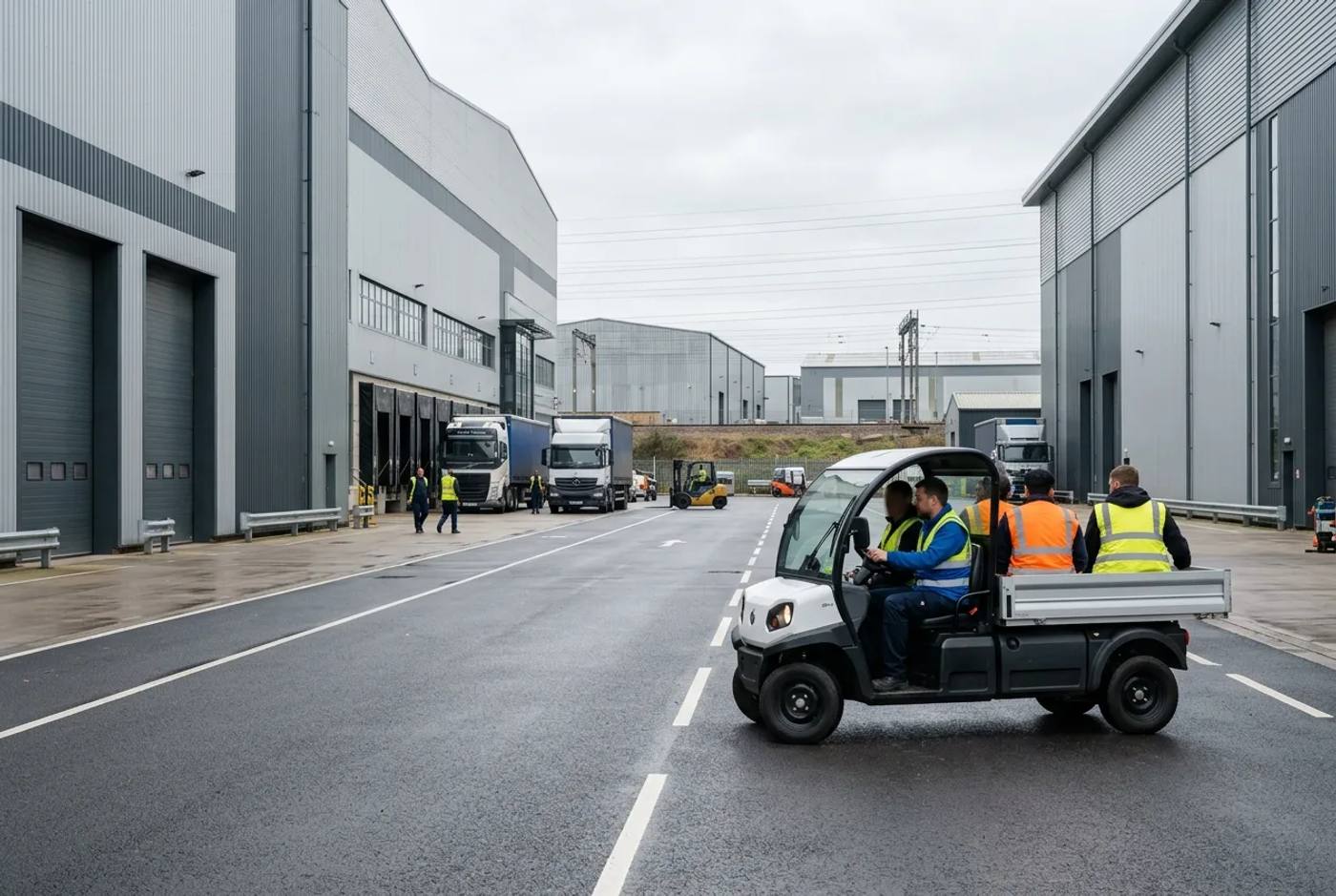 Electric utility buggy carrying staff along a roadway between large warehouse units on an industrial site