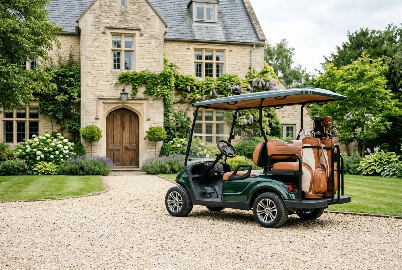Premium electric golf buggy with tan seats parked on a gravel driveway at a British country estate