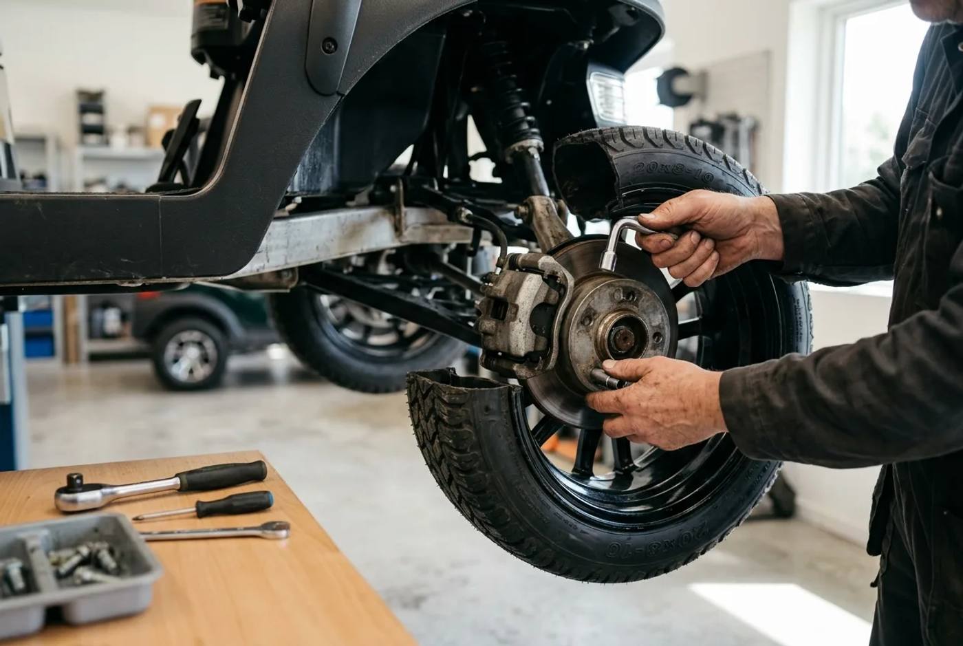 Technician checking the brakes and wheels of an electric golf buggy during a routine service