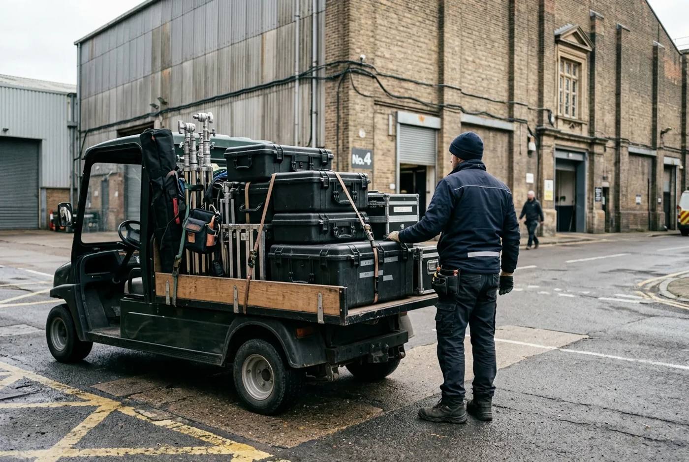Electric utility buggy loaded with crew flight cases and camera kit on a studio lot