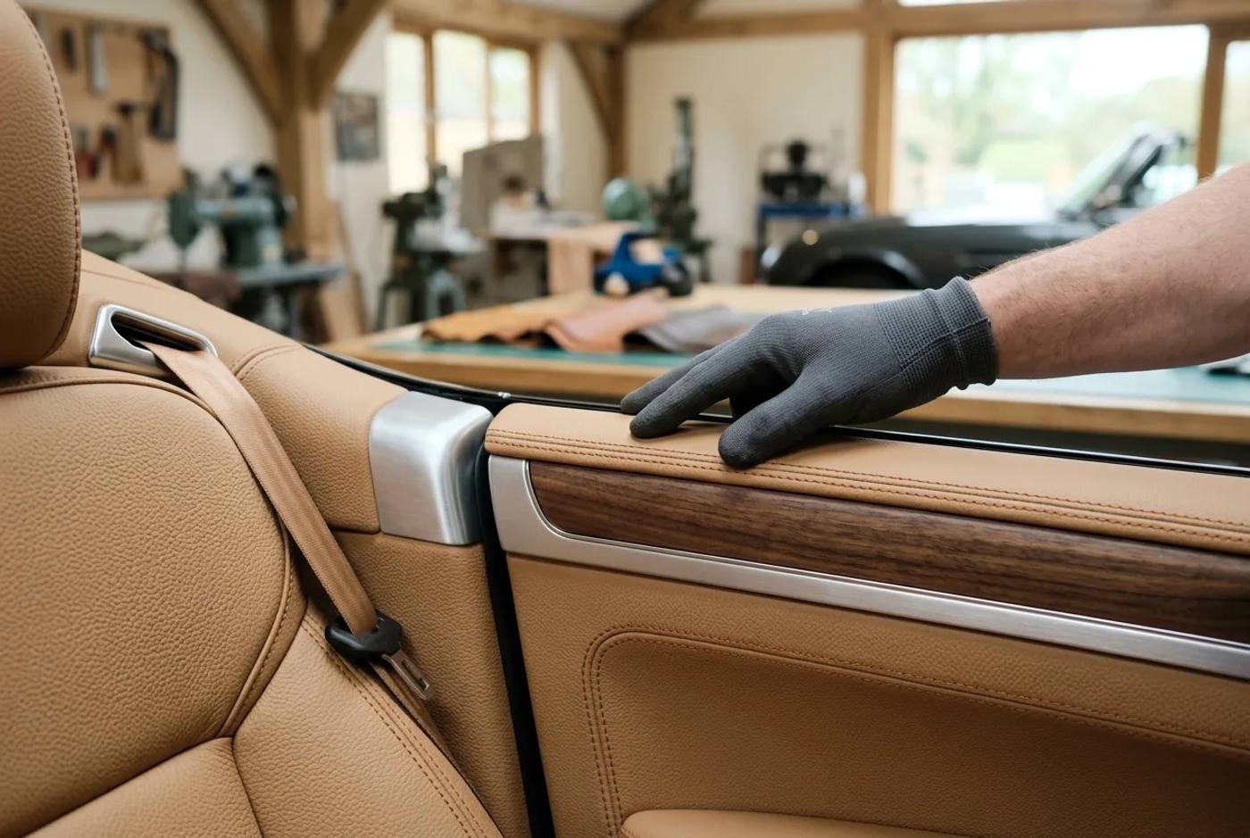 Close-up of a hand checking the stitched upholstery and trim on a freshly finished electric buggy during a quality inspection