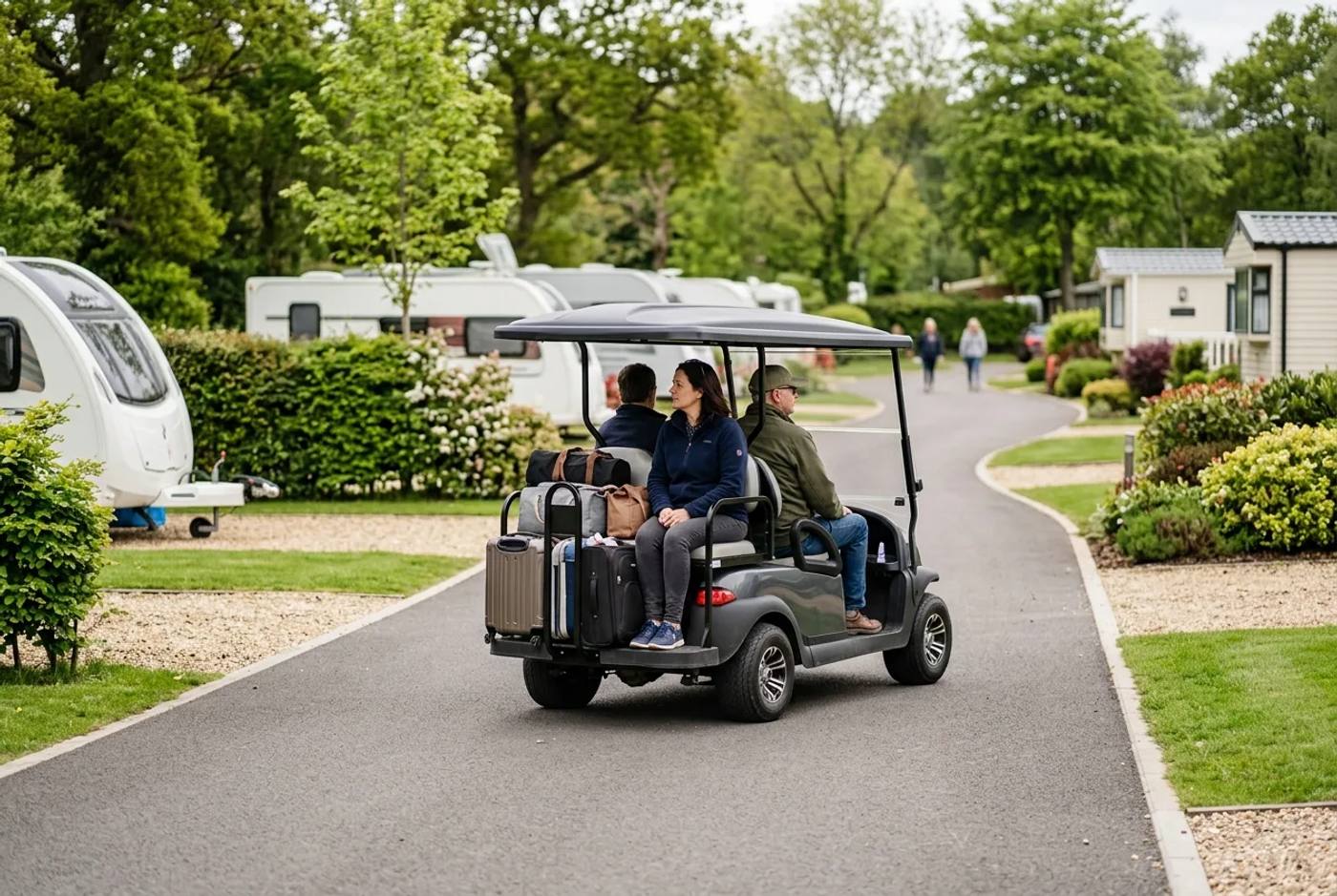 Electric holiday park buggy carrying guests and their luggage along a caravan site road in soft daylight
