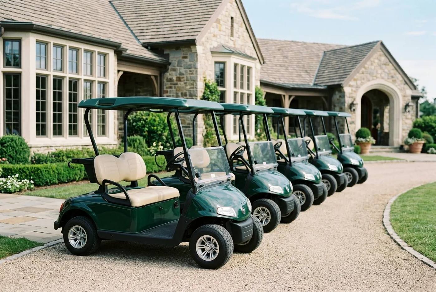 Matched fleet of branded electric golf carts lined up outside a clubhouse