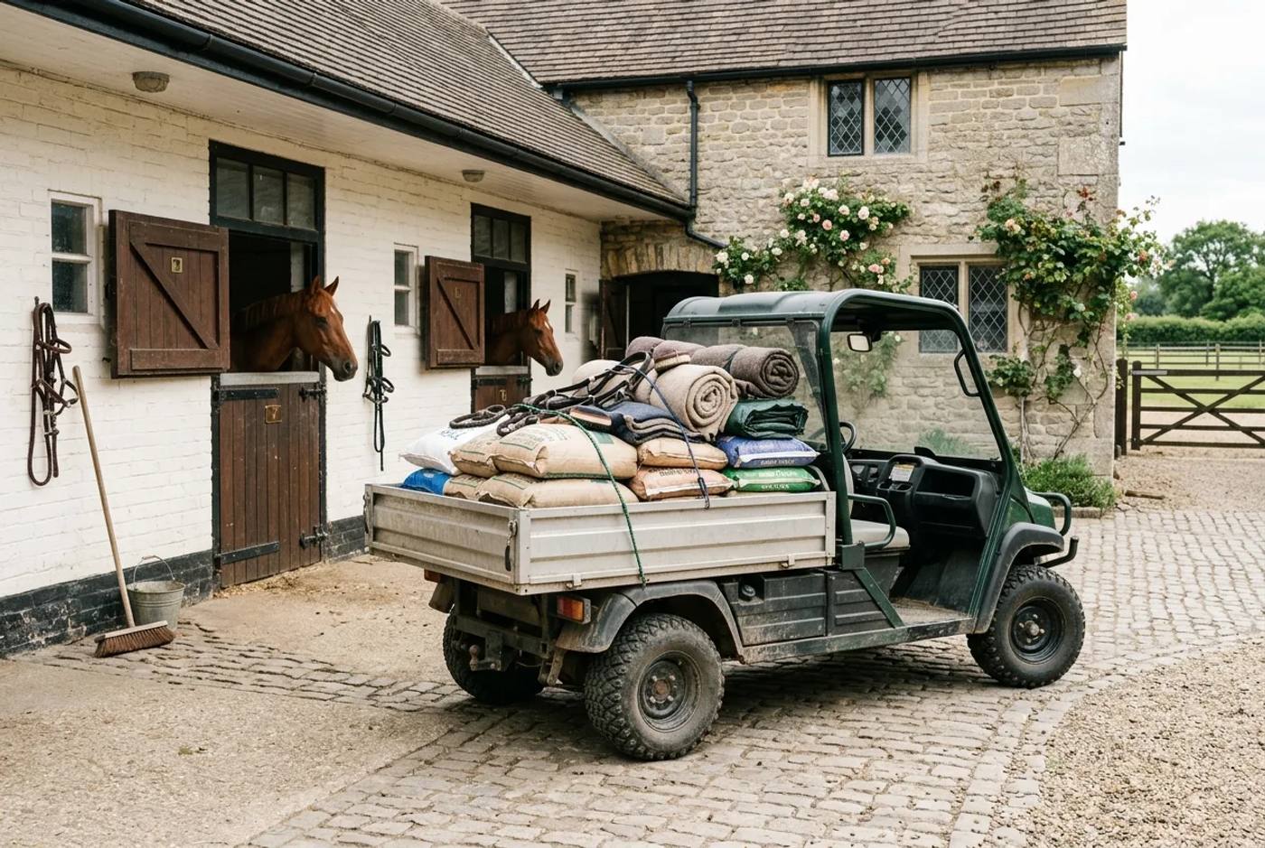 Electric utility buggy loaded with feed sacks and tack on a tidy British stable yard