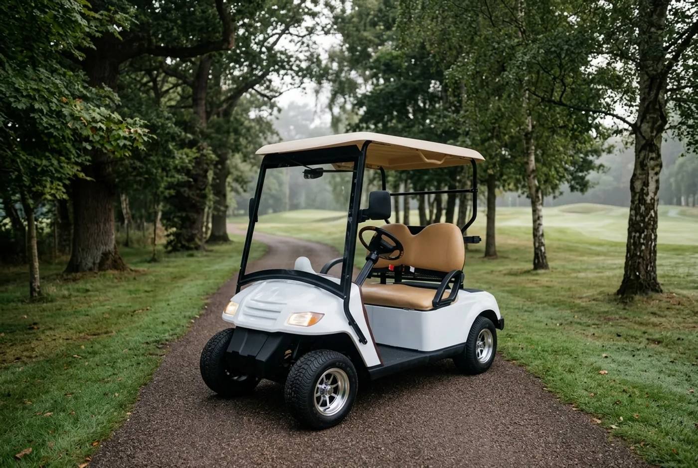 Electric golf buggy with tan seats parked on a private golf course path in soft morning light