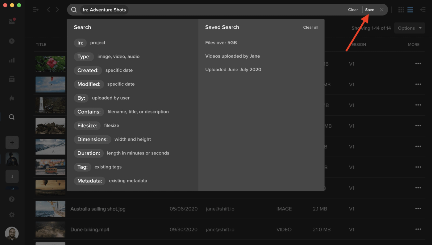 MediaSilo search menu with filters and a Saved Search list, with an arrow pointing to the Save button