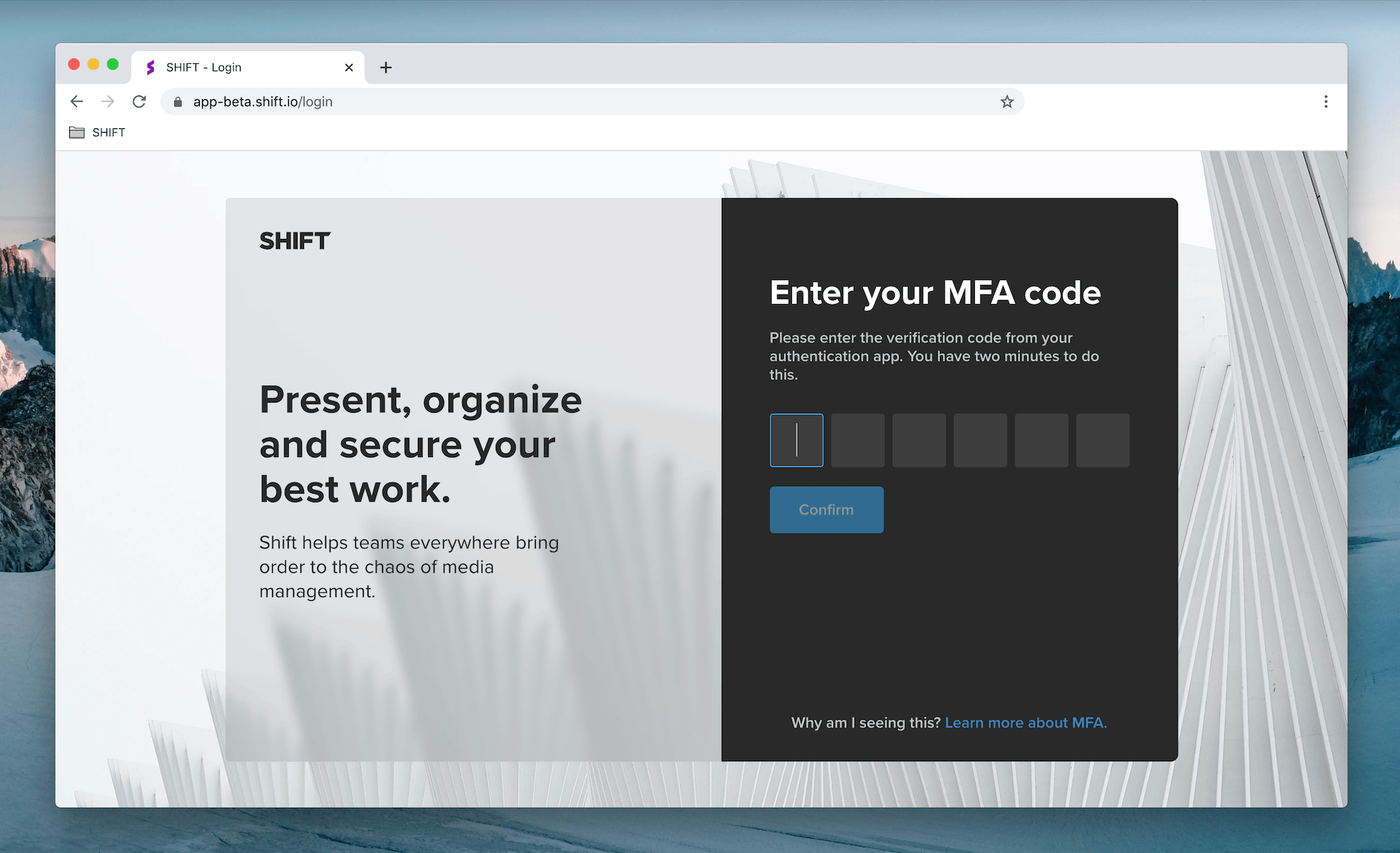 SHIFT login screen prompting the user to enter a six-digit MFA code from an authentication app