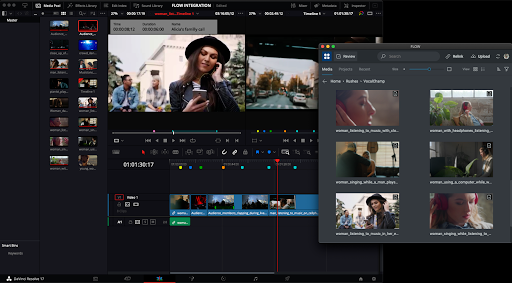 FLOW Panel for DaVinci Resolve showing a FLOW media browser beside the Resolve timeline