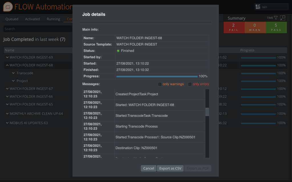 FLOW Automation job details report for a completed watch folder ingest, listing status, progress and transcode messages
