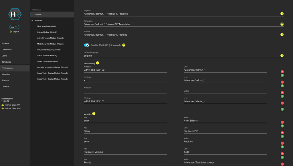 Helmut FX preferences screen with project paths, Windows to Unix path mapping and Adobe application variables
