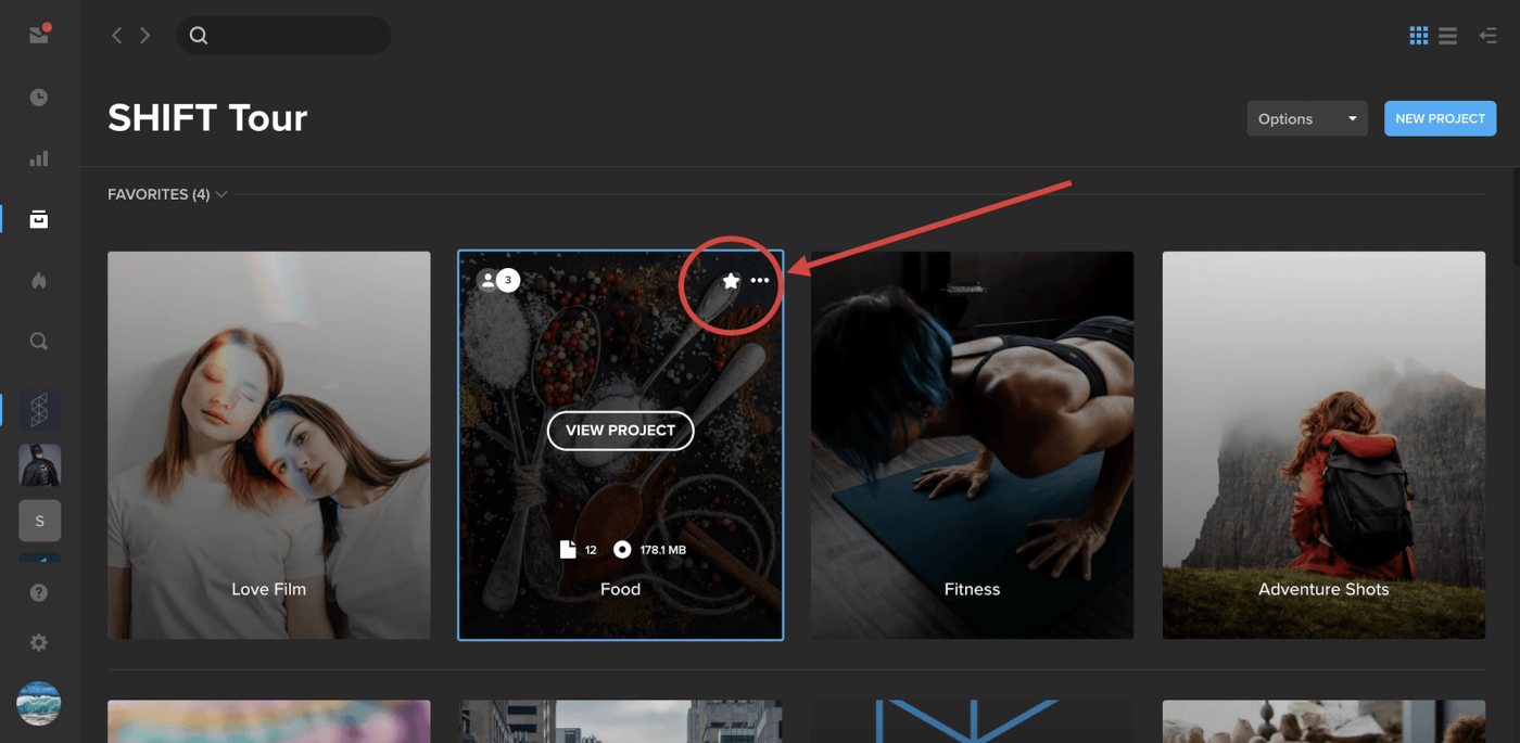 SHIFT Tour projects page with the favorite star icon on a project tile circled
