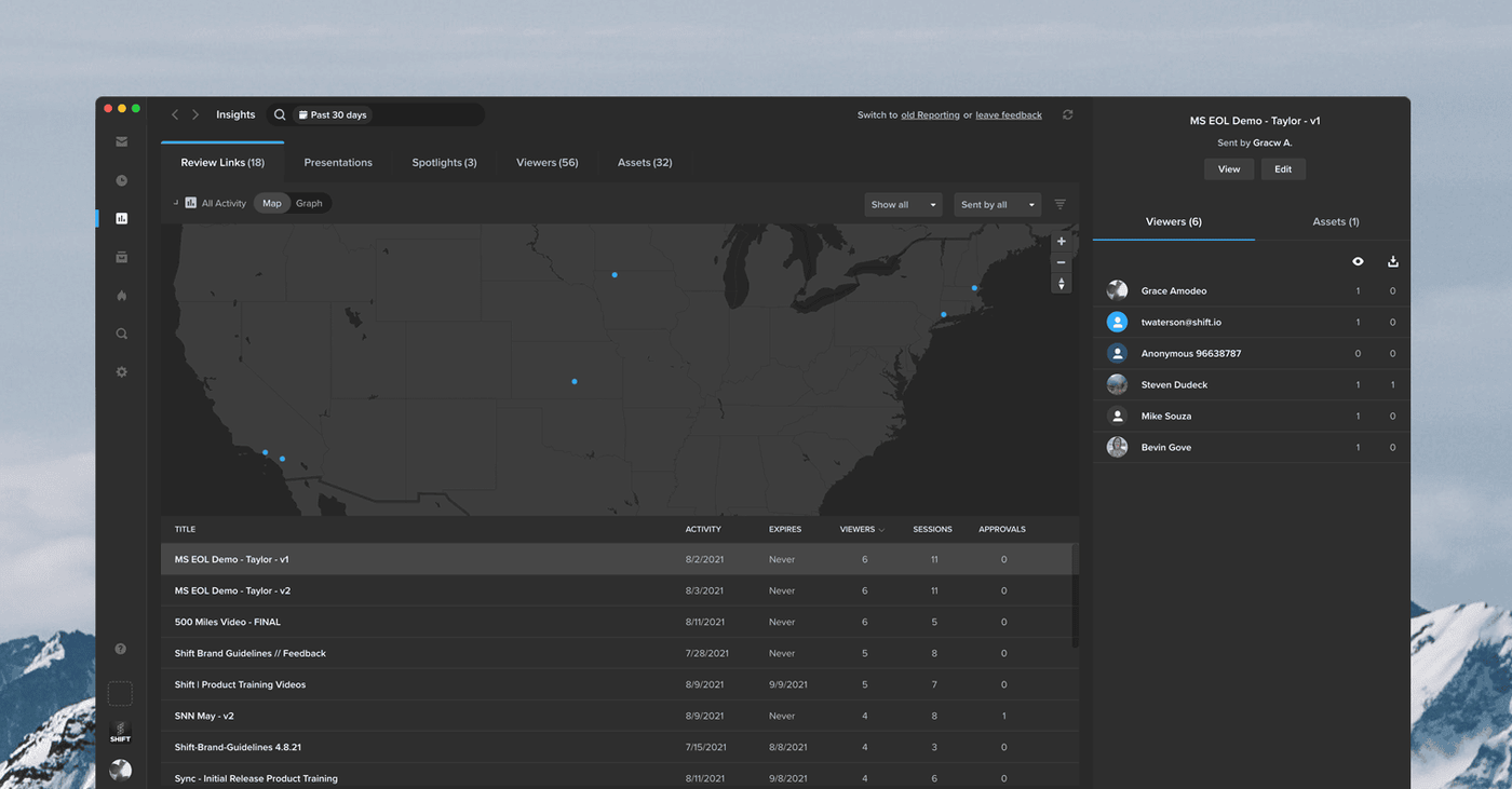 MediaSilo Insights dashboard with a viewer location map, review link activity and a viewer list