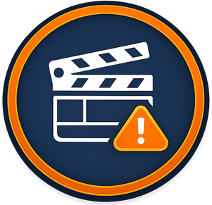 Icon of a film clapperboard with an orange warning symbol, representing lost footage