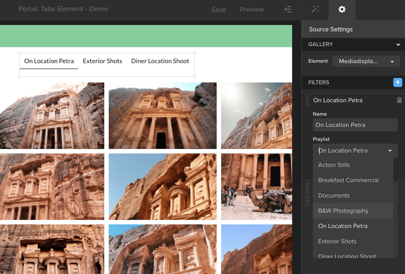 MediaSilo Spotlight editor with a Tabs element linking playlists such as On Location Petra, Exterior Shots and Diner Location Shoot