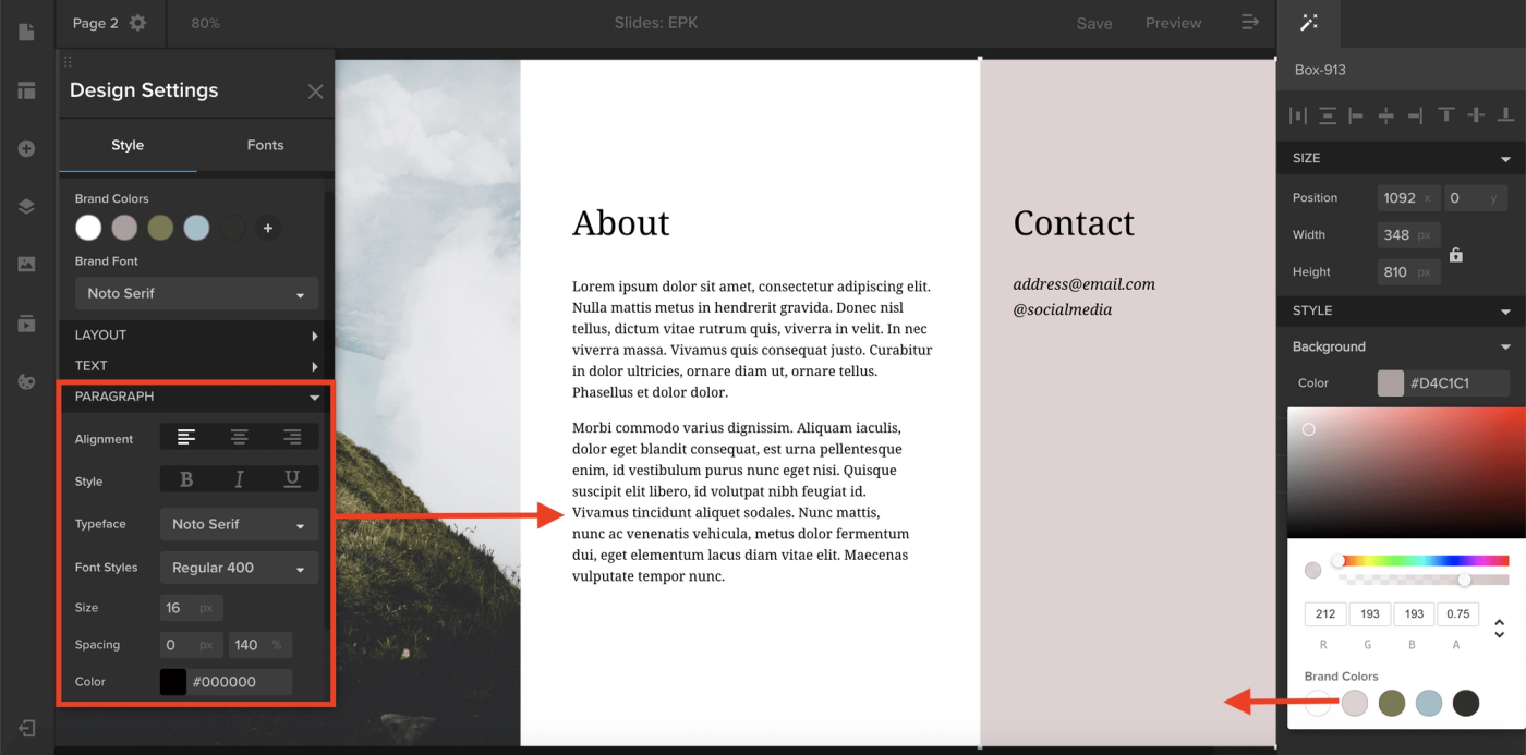 MediaSilo Spotlight Design Settings panel with brand colors, brand font and paragraph style presets