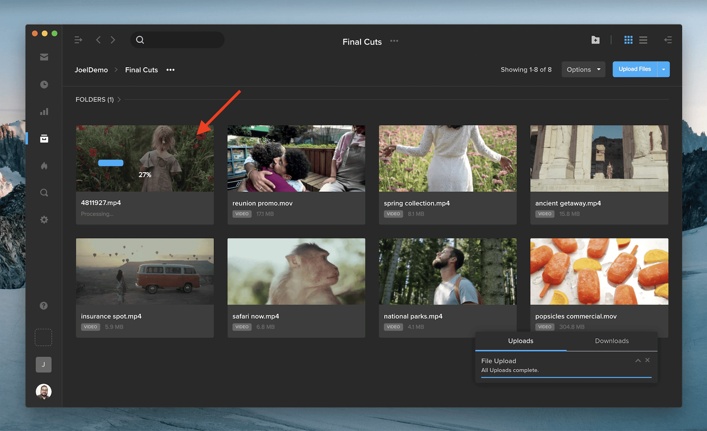 MediaSilo asset tile showing an upload processing progress bar at 27%
