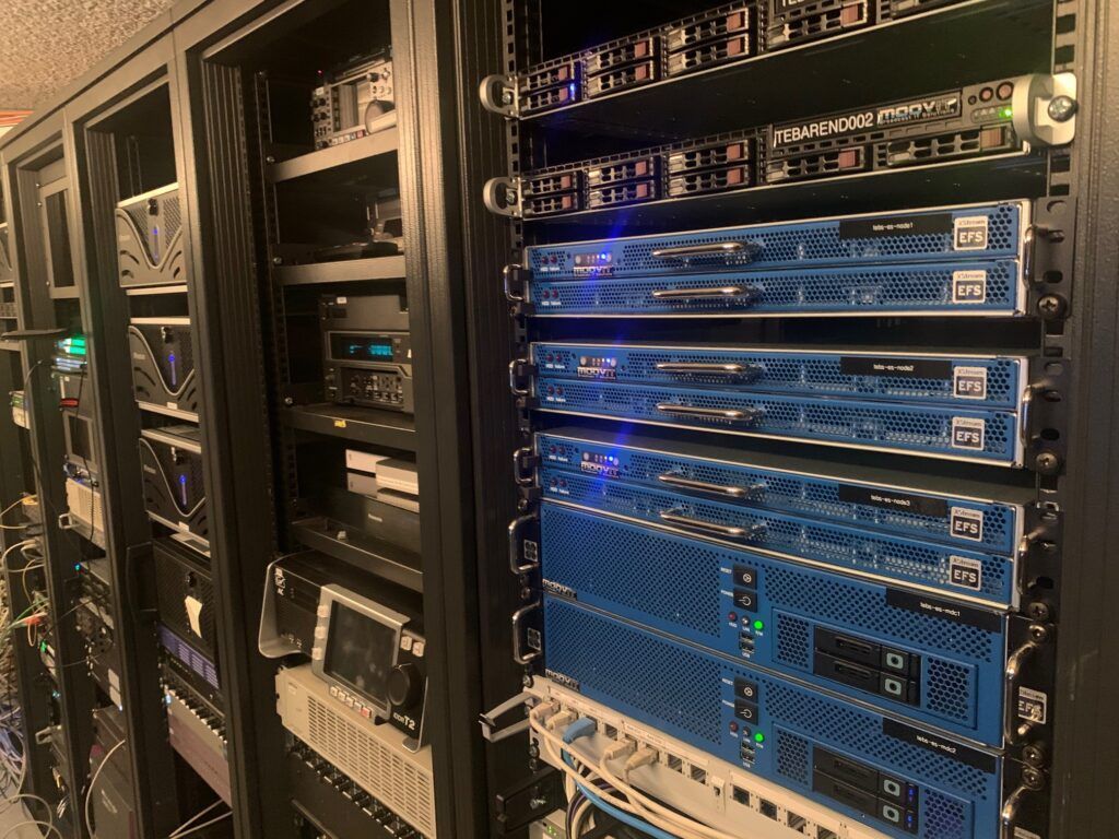 EditShare EFS storage nodes and MoovIT servers installed in Telebasel's equipment racks