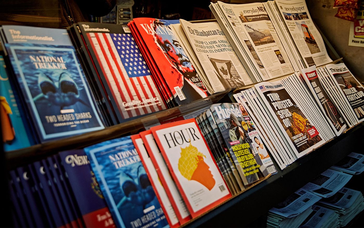 Newsstand of fake magazines and newspapers from the TBWA\Chiat\Day campaign
