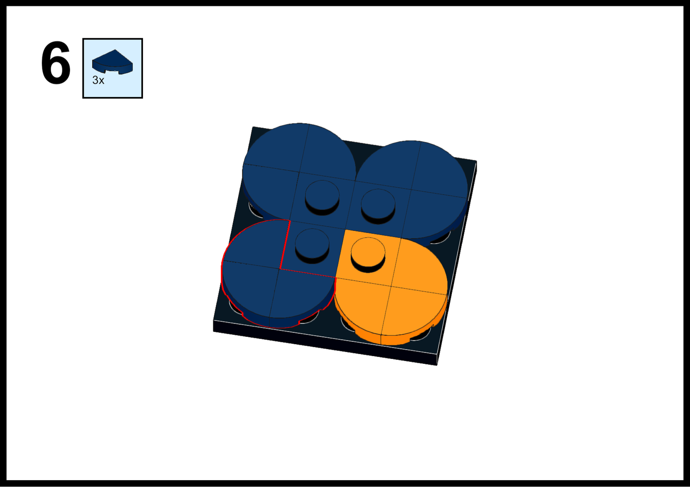 Step 6 of the LEGO build instructions for the EditShare logo, adding three dark blue quarter-round tiles
