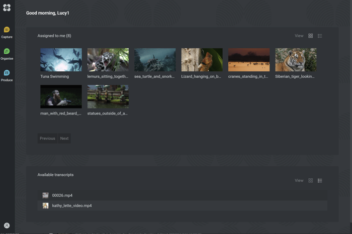 EditShare One home screen showing clips assigned to the user and available transcripts