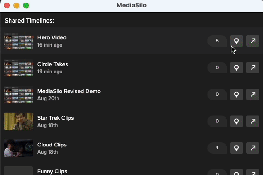 MediaSilo panel in DaVinci Resolve listing shared timelines with comment counts and markers