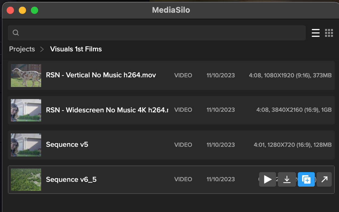 MediaSilo panel listing Visuals 1st Films videos, with play, download, new version and share buttons on a clip