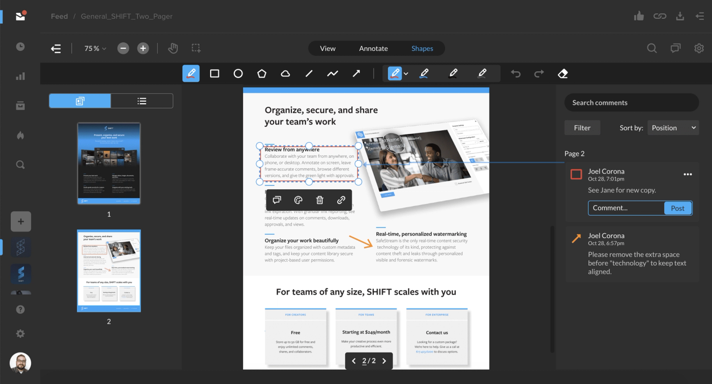 SHIFT document review showing a PDF annotated with shapes and comments in the side panel