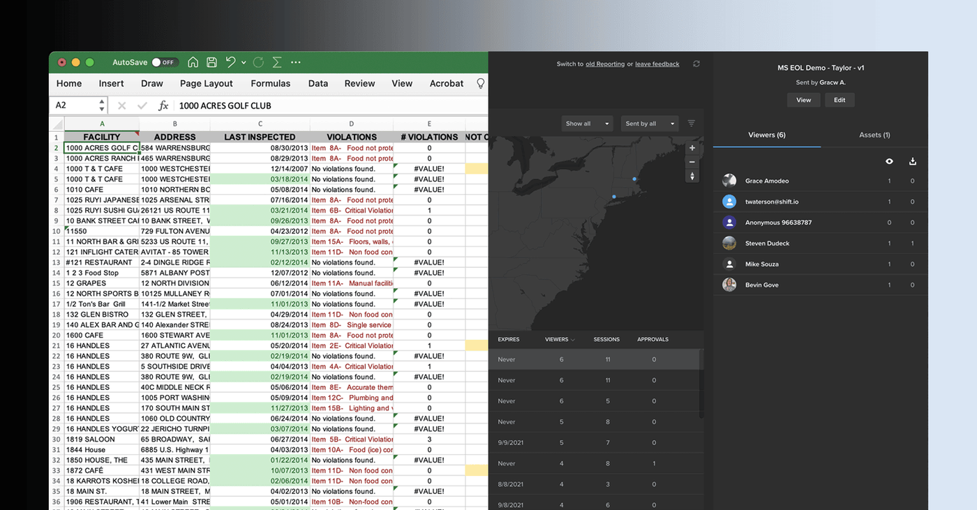 Excel production spreadsheet beside a MediaSilo analytics view showing link viewers, sessions and approvals