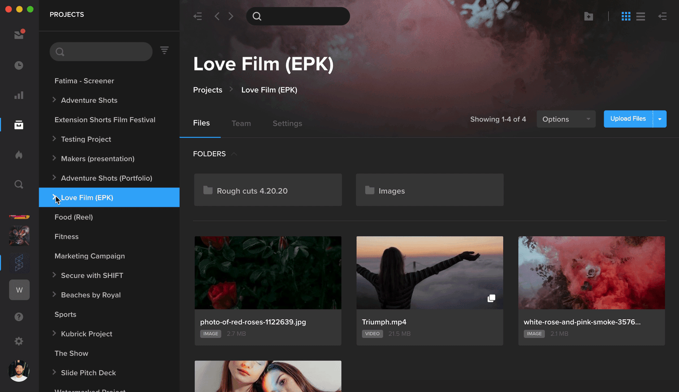 SHIFT project view for Love Film (EPK) with folders and image and video files, and the project tree on the left