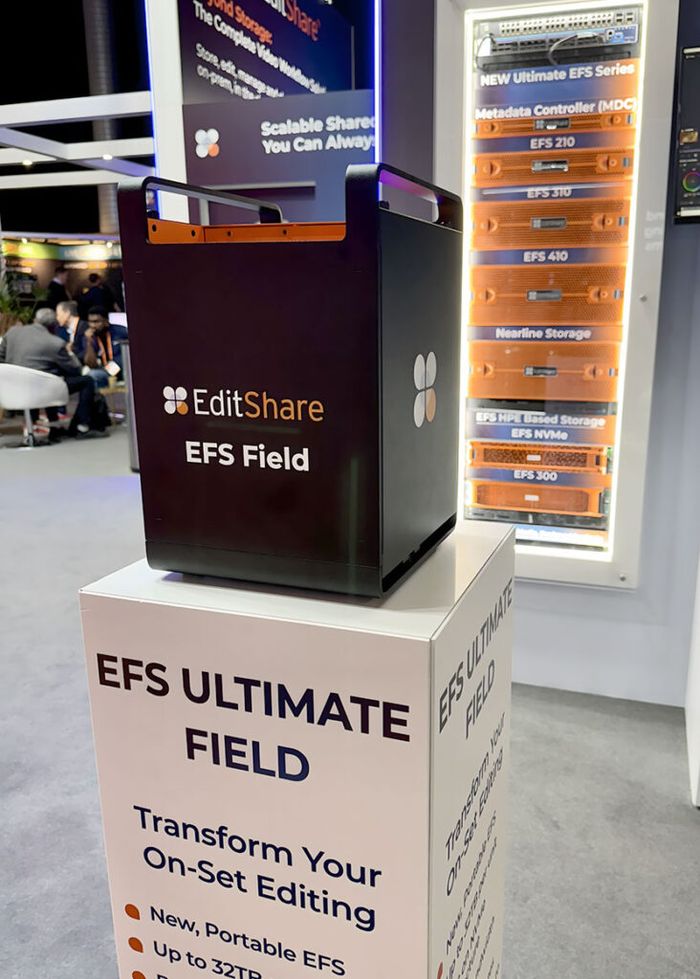 EFS Ultimate Field portable storage on display at NAB 2025 beside a rack of Ultimate EFS series systems