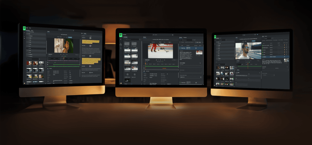 Three monitors displaying EditShare media management interfaces with AI-powered search and transcription