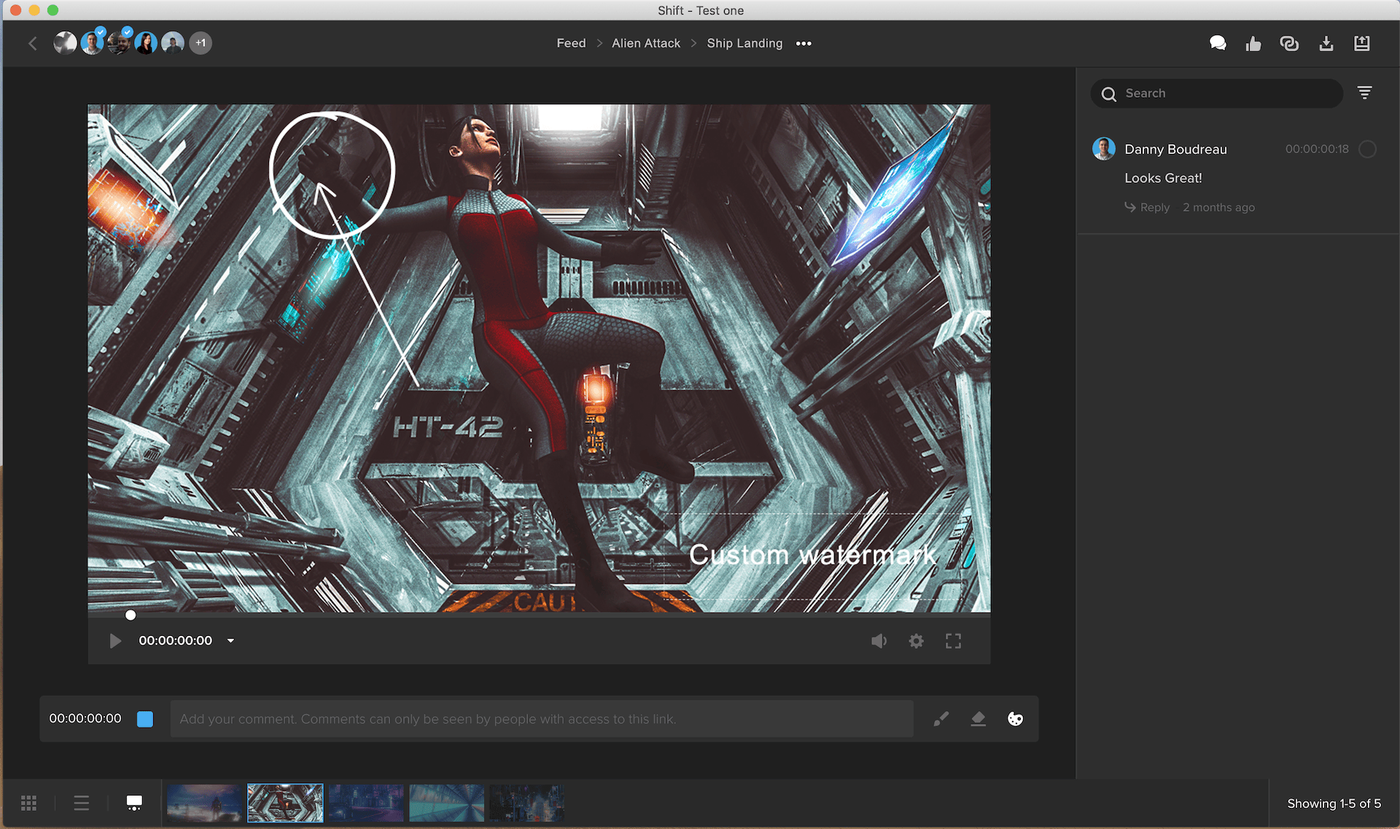 MediaSilo (Shift) review player showing a game still annotated with a drawing, custom watermark and a comment