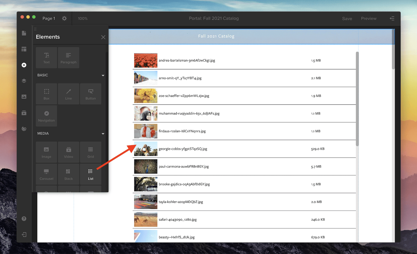 MediaSilo Spotlight editor adding a gallery in the new list view from the Elements panel