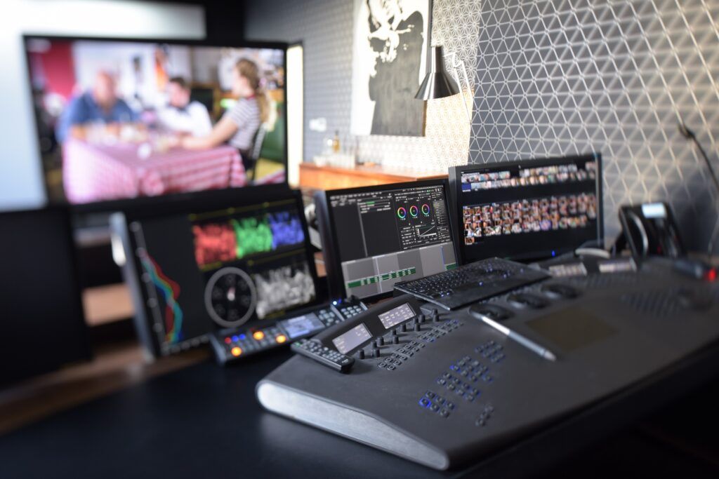 Baselight grading suite 1 in Cardiff with control panel and monitors