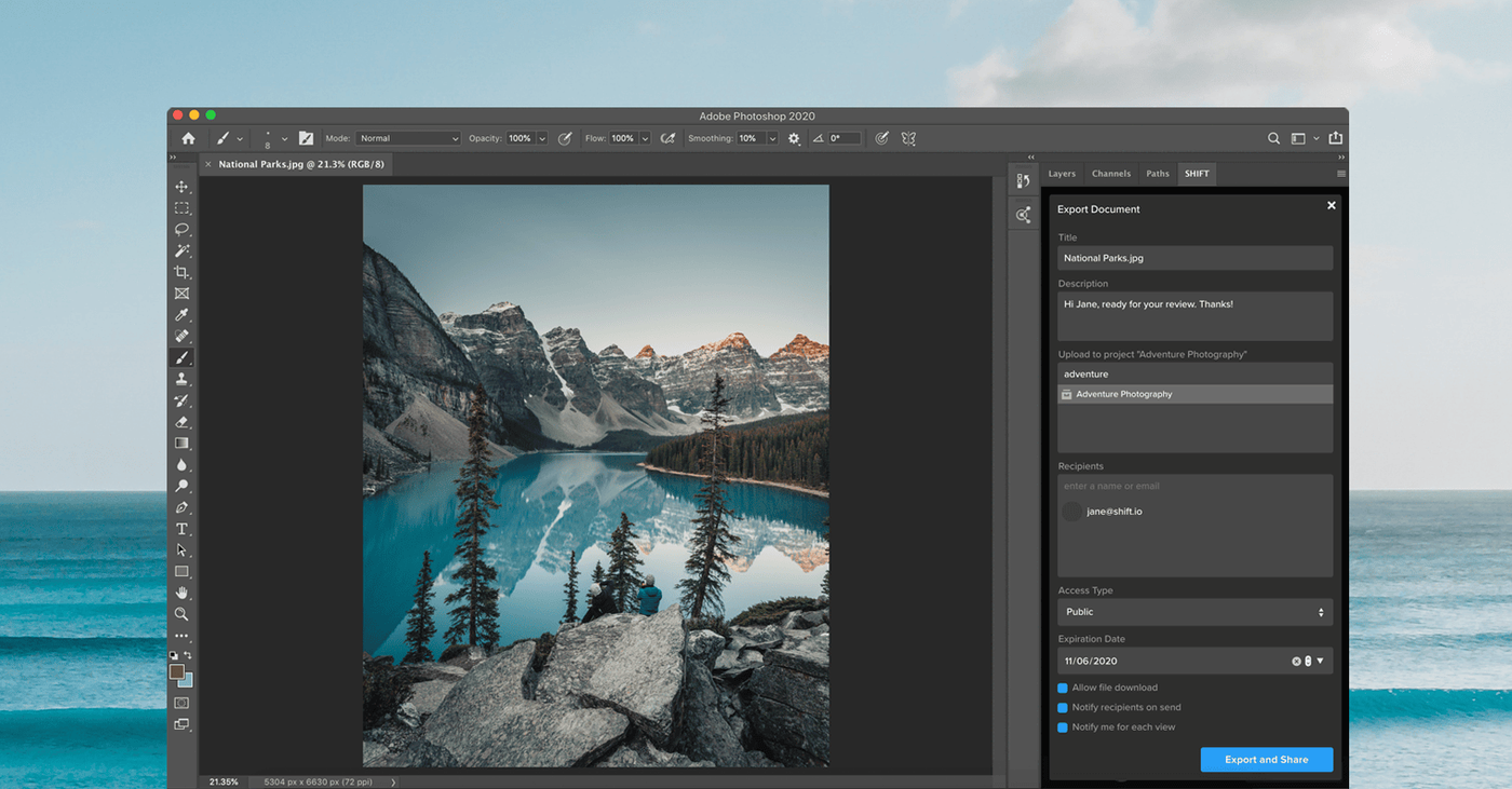 Adobe Photoshop with the SHIFT panel open to export a photo as a MediaSilo link for review
