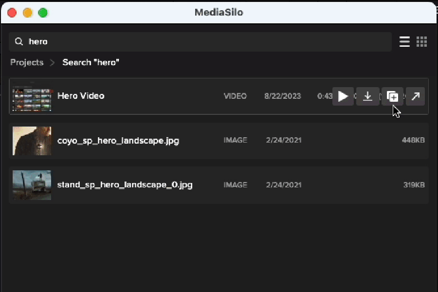 MediaSilo panel inside DaVinci Resolve Studio showing search results for "hero" with play, download, import and share actions