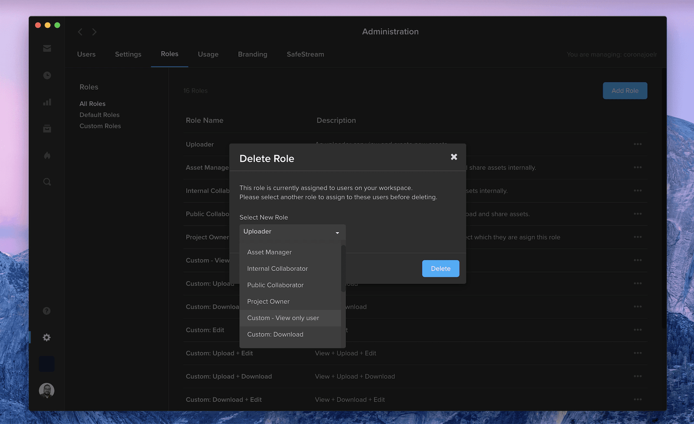 MediaSilo Delete Role dialog asking to reassign users to another role before deleting