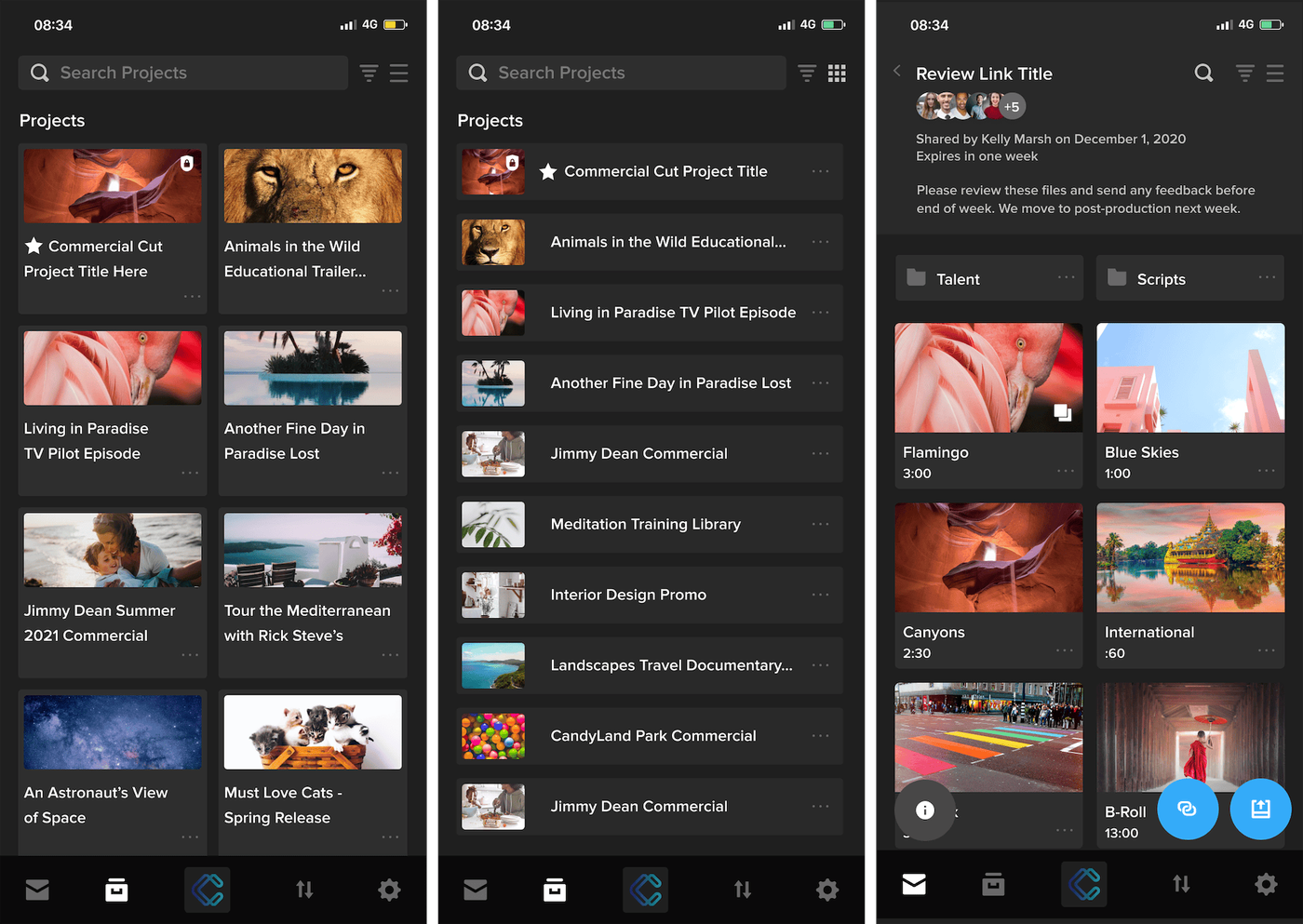 Three Shift GO mobile app screens showing project grid view, list view and a review link