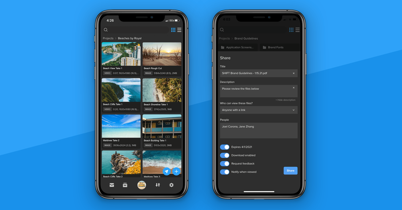 SHIFT GO mobile app screens showing a project gallery and the share settings form