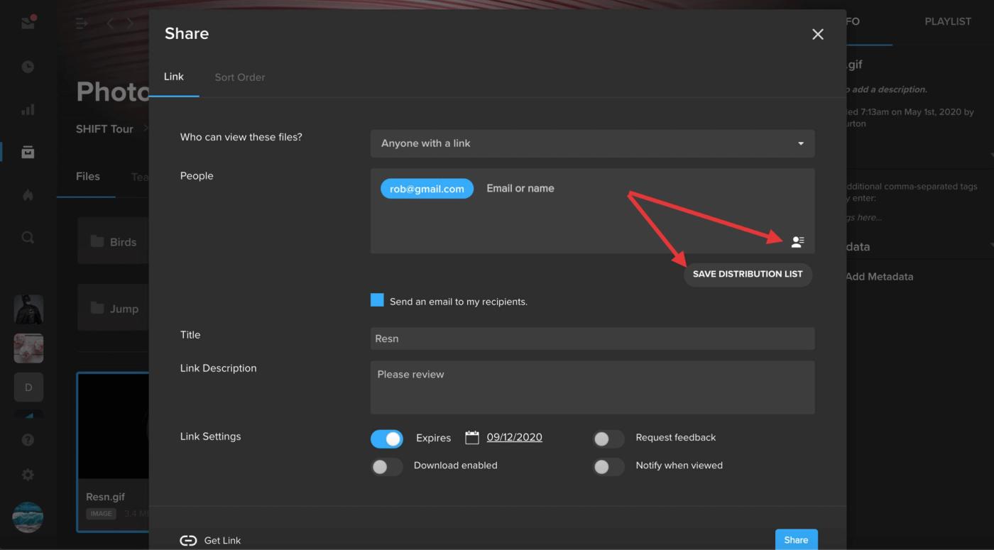 MediaSilo Share dialog with the Save Distribution List option highlighted