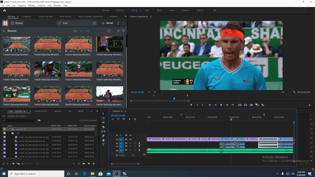 EditShare FLOW panel docked inside Adobe Premiere Pro, showing tennis clip search results beside the program monitor and timeline