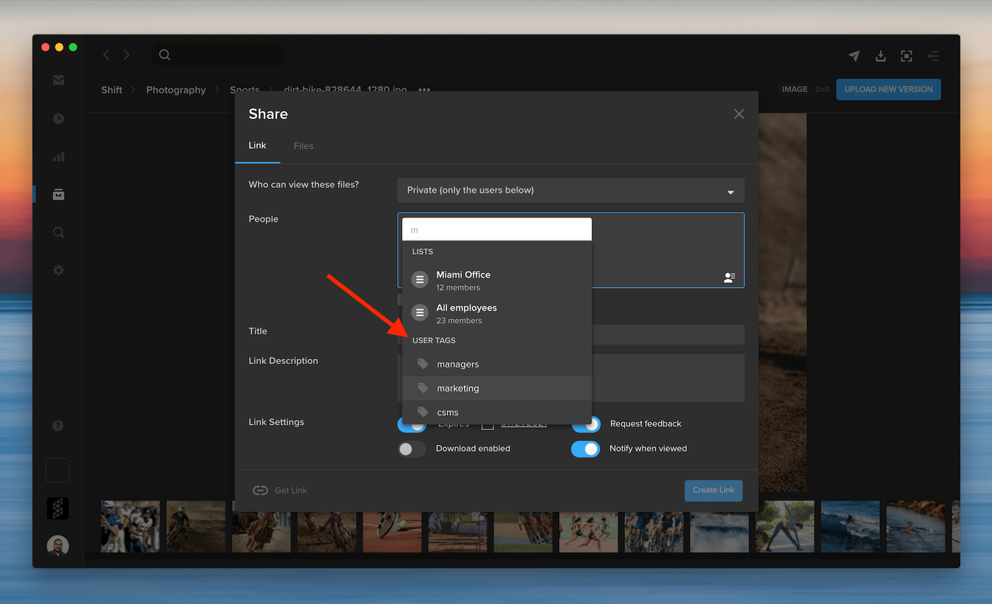MediaSilo Share dialog suggesting distribution lists and user tags in the People field