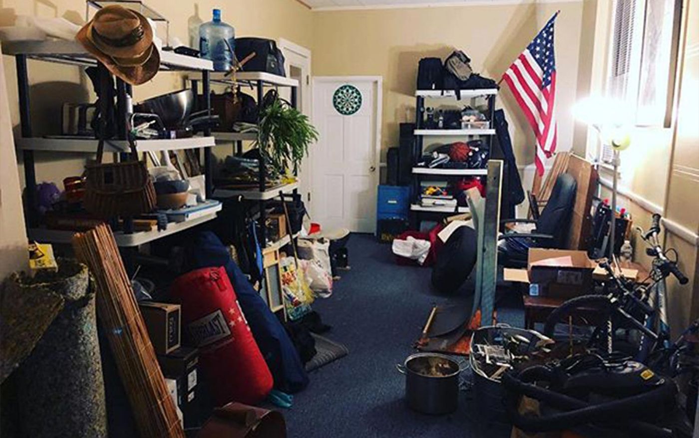 Cluttered Foley studio stocked with props and supplies for recording sound effects