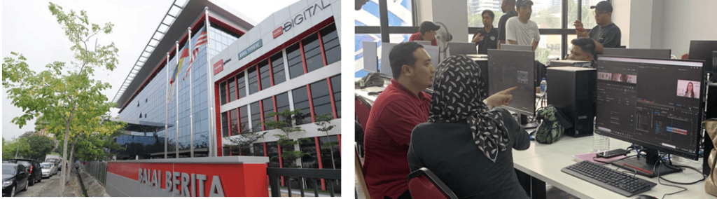 Media Prima's Balai Berita building and editors working together at news editing stations