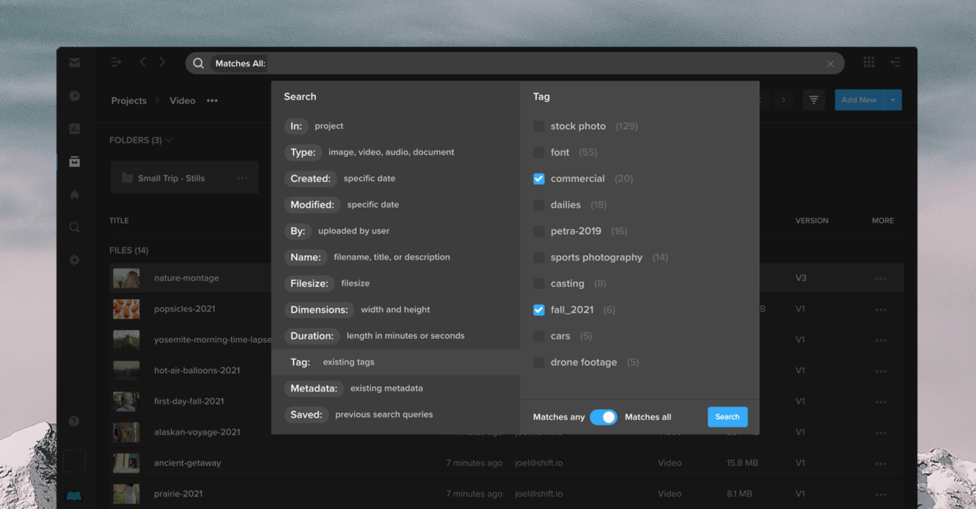 MediaSilo Shift search panel with filters for type, date, tags and metadata