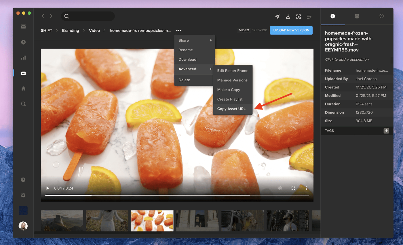 MediaSilo asset detail view with the Advanced action menu open and Copy Asset URL highlighted